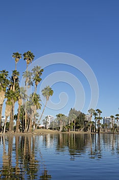 Phoenix downtown as seen from Encanto Park Lake, AZ
