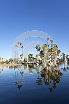 Phoenix downtown as seen from Encanto Park Lake, AZ photo