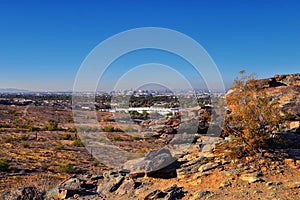 Phoenix Downtown from South Mountain Park and Preserve, Pima Canyon Hiking Trail, Phoenix, Southern Arizona desert.