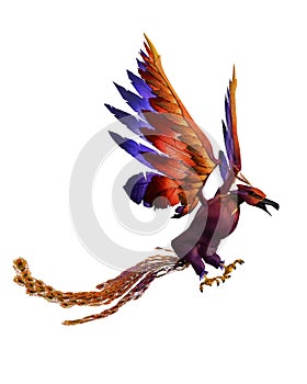 Phoenix fantasy brightly coloured bird swooping down with claws outstretched. 3D illustration isolated