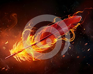 A phoenix feather, its quill pointing forward, leaving a trail of flames that signify movement and progression , advertise photo