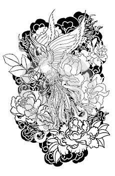 Phoenix fire bird with Peony flower and rose on cloud and wave background.Hand drawn Japanese tattoo style.Beautiful pho