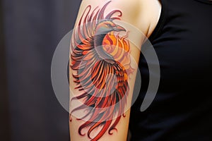 a phoenix firebird tattoo on a persons arm