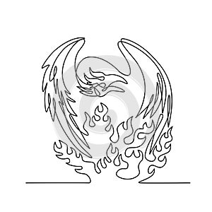 Phoenix Mythological Bird Regenerates on Fire Front View Continuous Line Drawing Black and White