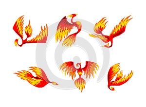 Phoenix with Red Flamed Wings and Feather as Immortal Bird from Greek Mythology Vector Set