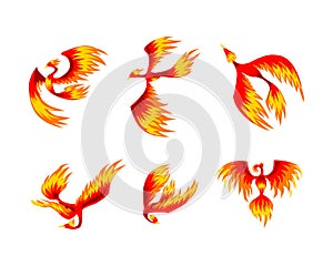 Phoenix with Red Flamed Wings and Feather as Immortal Bird from Greek Mythology Vector Set