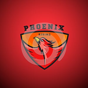 Phoenix Rising Abstract Vector Logo Template. Flying Fire Bird Illustration in a Shield.