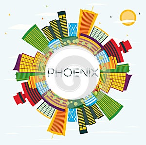 Phoenix Skyline with Color Buildings, Blue Sky and Copy Space.