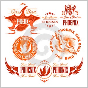 Phoenix - vector set of fire birds and flames logo.