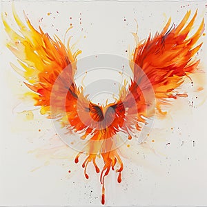 Phoenix wings, a fusion of watercolor fire and light, emerging from white nothingness