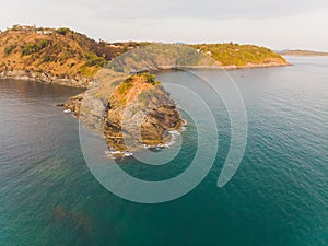Phomthep or Promthep cave icon of Phuket, Thailand. Aerial view from drone camera of Phromthep cave view point at Phuket