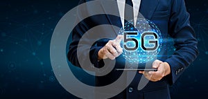 Phone 5g Earth businessman connect worldwide waiter hand holding an empty digital tablet with smart and 5G network connection conc