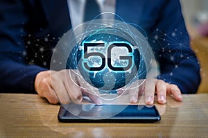 Phone 5g Earth businessman connect worldwide waiter hand holding an empty digital tablet with smart and 5G network connection conc