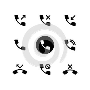 Phone activity icon in black. Rejected, missed, incoming and outgoing call. Vector on isolated white background. EPS 10