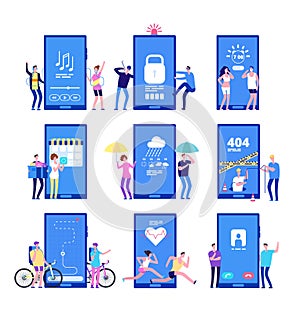 Phone app concept. Men and women standing near big cell phones with mobile apps on screen. Vector concept