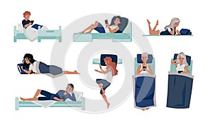Phone in bed. Cartoon people lying in bed. Isolated men and women watching news and chatting in evening. Leisure pastime