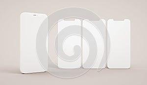Phone blank screen mockup with three slides in 3D rendering. App interface, ux ui, and web design presentation concept