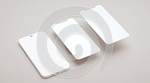 Phone blank screen mockup and two slides floating in 3D rendering. App interface, ux ui, and web design presentation concept