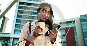 Phone, business woman and coffee in city, social media or typing online, wind or low angle flare. Smartphone, drink and