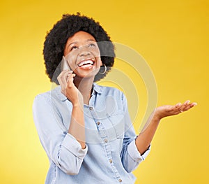 Phone call, black woman or hands gesture for mock up space, advertising mockup or marketing promotion. Communication