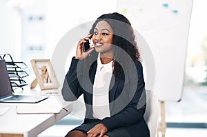 Phone call, business and black woman in office for online chat, networking and discussion. Corporate receptionist