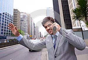 Phone call, business man and stop taxi in city to travel, talking or communication of salesman outdoor. Smartphone