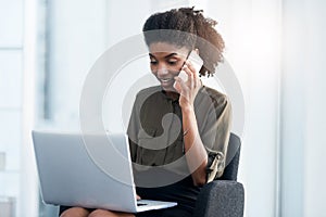 Phone call, business and woman with laptop, speaking and connection with typing, digital app and online reading. Person