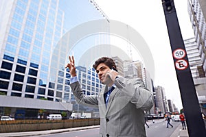 Phone call, businessman and stop taxi in city to travel, talking or communication of salesman outdoor in town