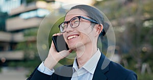 Phone call, city and business man laugh at funny feedback, discussion and chat about news, report or results. Smartphone