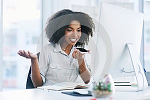 Phone call, computer and business with woman, loudspeaker and connection with conversation, digital app and planning. PA