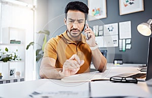 Phone call, confused and Asian man with problem in office for issue, mistake and error in office. Communication