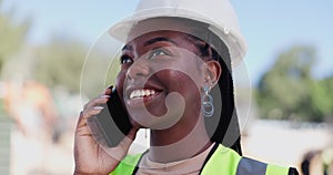 Phone call, construction site and black woman for engineering inspection, maintenance and building. Architecture