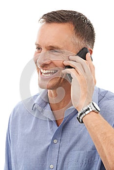 Phone call, contact and communication with a mature man in studio isolated on a white background. Mobile, talking and