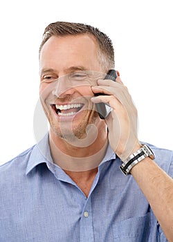 Phone call, contact and networking with a mature man in studio isolated on a white background. Mobile, talking and