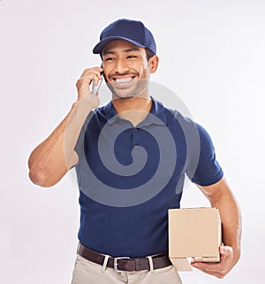 Phone call, delivery man and courier happy to deliver package as ecommerce talking on a mobile conversation. Shipping