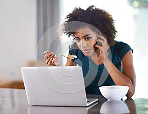 Phone call, eating breakfast and woman on laptop in home for remote work, internet or social media at desk. Smartphone