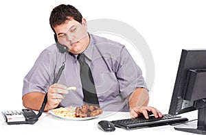 Phone call, eating and plus size business man in studio on computer with food, lunch and unhealthy meal at desk. White