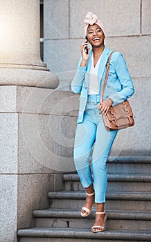 Phone call, happy and businesswoman on stairs in the city walking from her office building. Smile, briefcase and