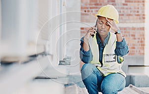 Phone call, headache or maintenance black woman stress for HVAC machine error, heat pump fail or aircon service mistake