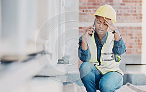 Phone call, headache or maintenance black woman stress for HVAC machine error, heat pump fail or aircon service mistake photo