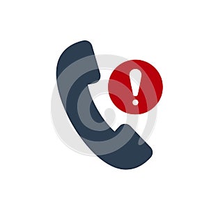 Phone call icon, technology icon with exclamation mark. Phone call icon and alert, error, alarm, danger symbol