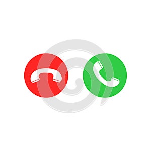 Phone call icons. Accept call and decline button. Green and red buttons with handset silhouettes. photo