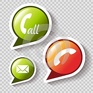 Phone call icons on the transparent background, buttons with symbol of earphone and envelope for contact and message or chat.