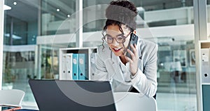 Phone call, laptop and happy corporate woman, advocate or attorney smile for online results, proposal or settlement deal