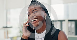 Phone call, laugh or black woman in office, sales or online for businesswoman. Cellphone, employee and business