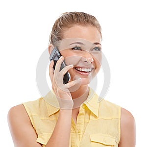 Phone call, listening or happy woman in studio or white background for communication or chat. Smile, funny or girl