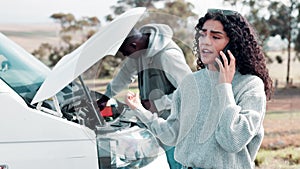 Phone call, nature and couple with engine breakdown for stress in accident, crisis or disaster. Emergency, communication