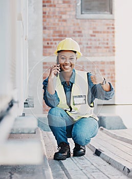 Phone call, portrait black woman, construction worker and thumbs up for HVAC machine, heat pump or AC repair service