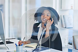 Phone call, receptionist or black woman in business for writing, contact or computer for planning. PA, secretary or