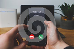 Phone call from robot. Incoming robocall Concept